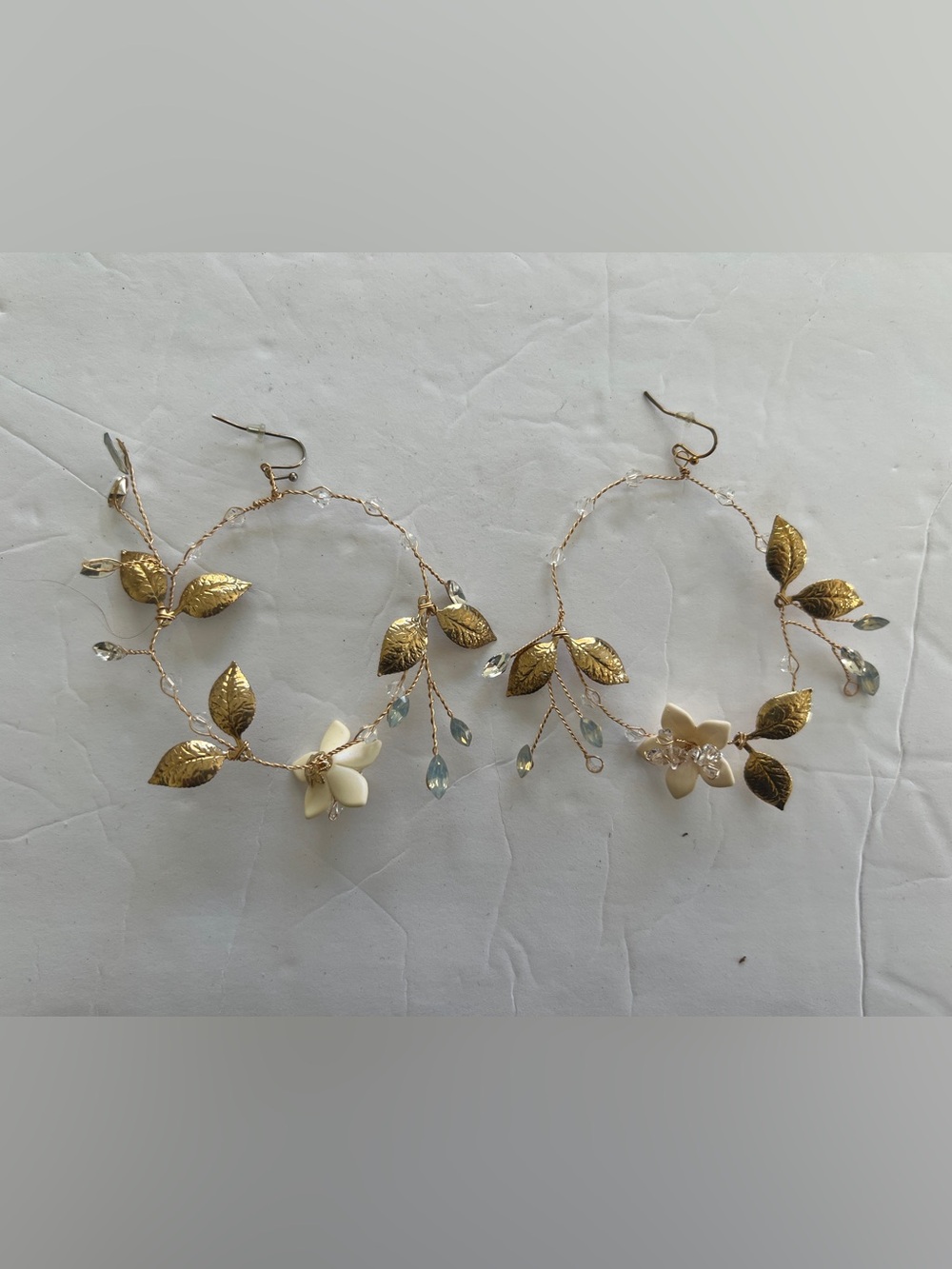 Gold Leaf Hoop Earrings with Cream Flower Accents
